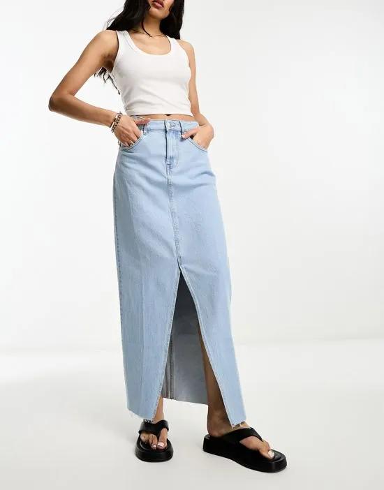 denim midi skirt with split hem in bleach wash