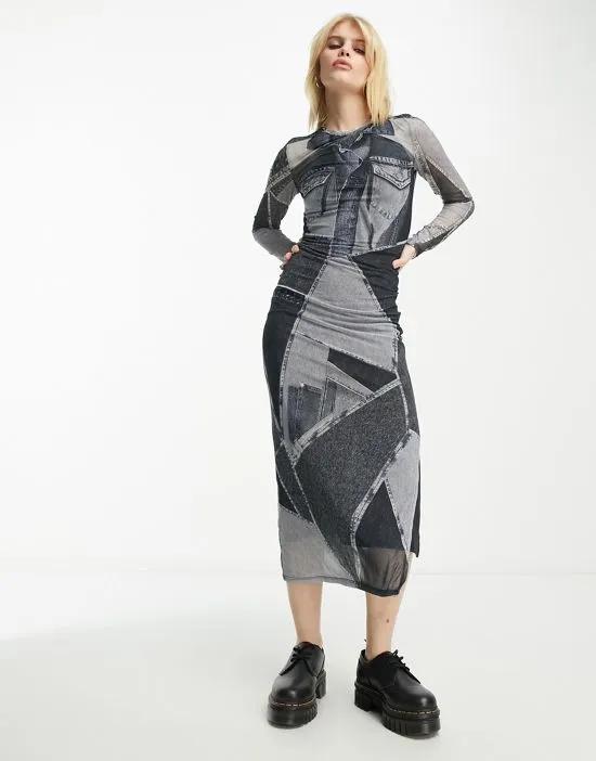 denim patchwork mesh midaxi dress in dark gray