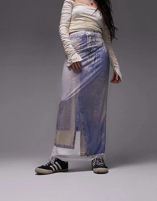 denim print mesh midi skirt in blue