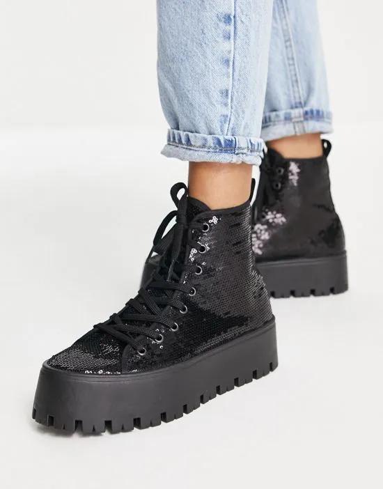 Detra chunky high top sneakers in black sequin