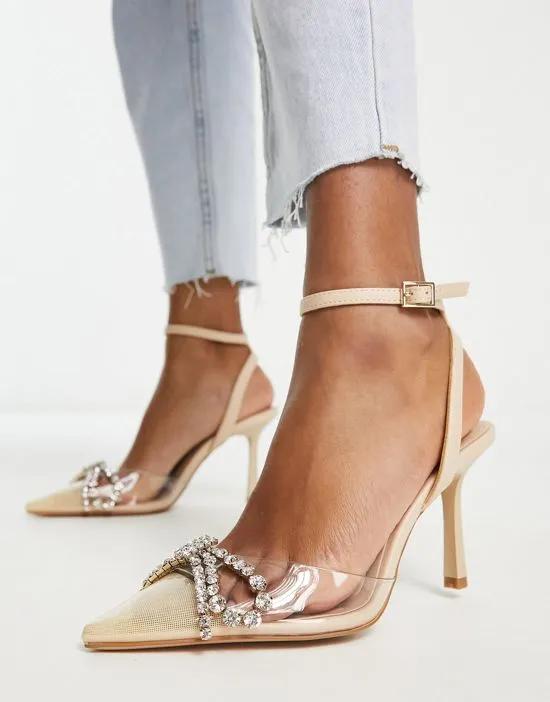 diamante bow detail heeled sandals in clear