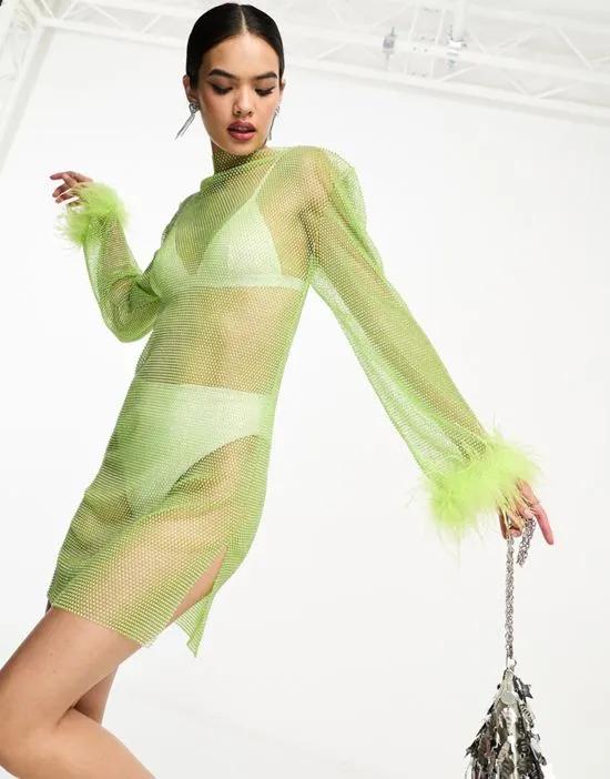 diamante jewel stretch net mini dress with faux feather cuff in lime