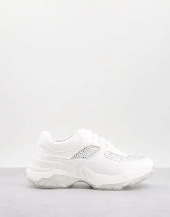 Diamond chunky crystal sneakers in white