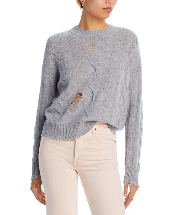 Distressed Cable Crewneck Cashmere Sweater - 100% Exclusive