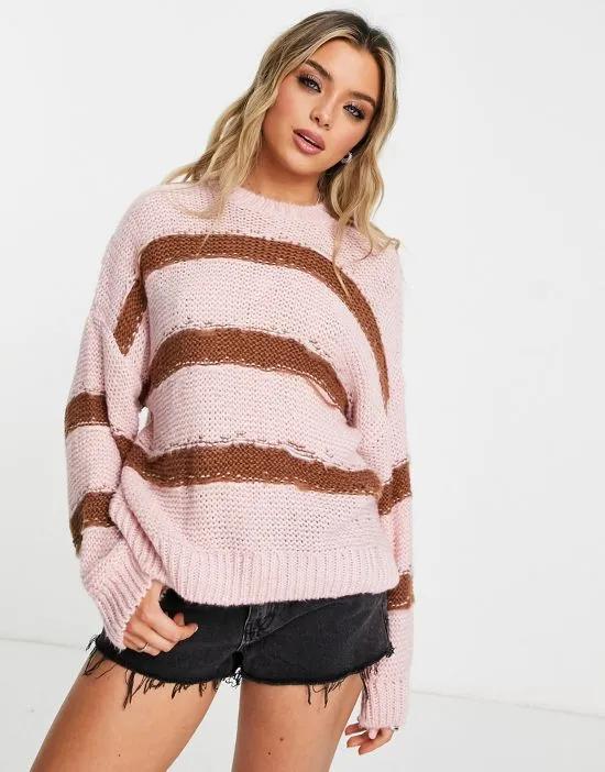 distressed sweater in pink stripe