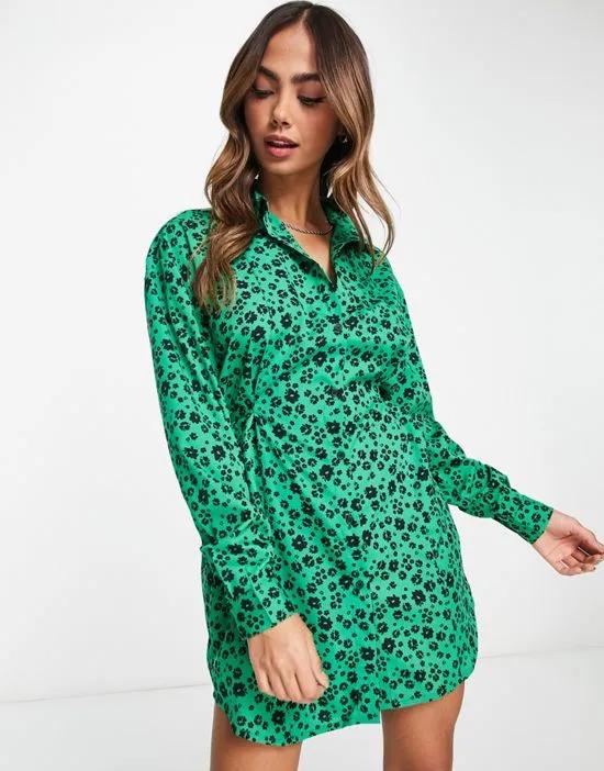 ditsy floral belted mini shirt dress in emerald green