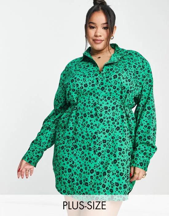 ditsy floral belted mini shirt dress in emerald green