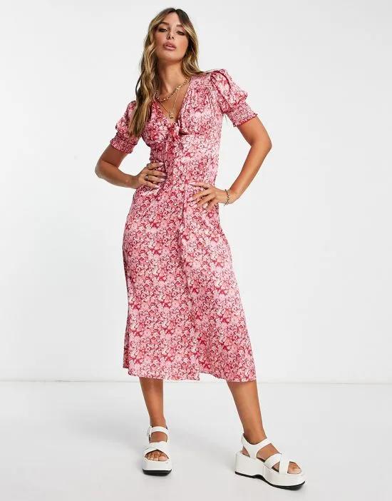 ditsy floral tie front midi dress in red