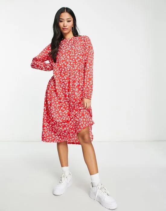 ditsy print tiered midi dress in red