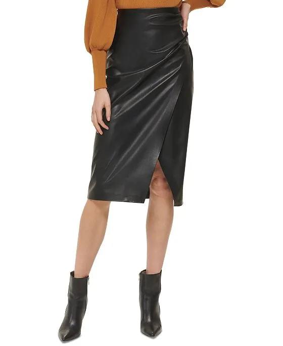DKNY Women's Faux-Leather Ruched-Side Midi Skirt