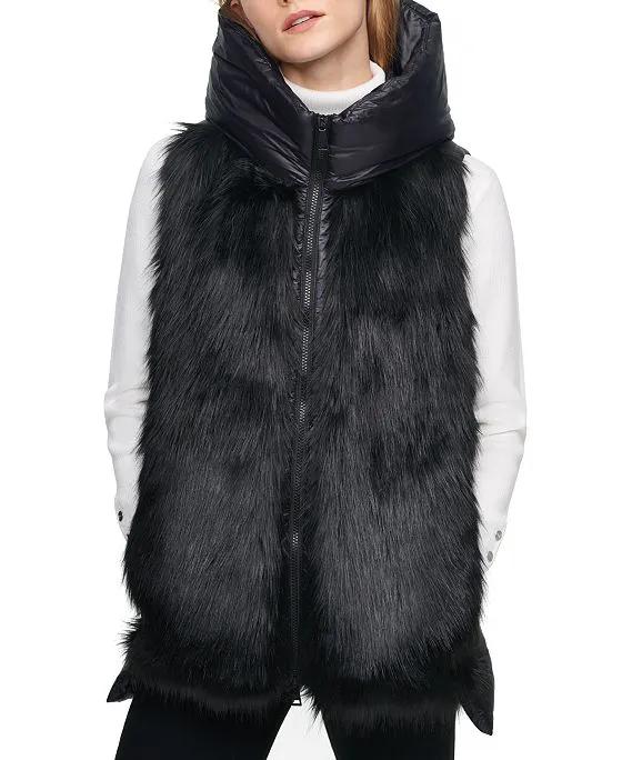 DKNY Women's Hooded Faux-Fur Puffer-Contrast Zip-Front Vest