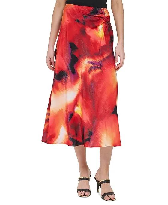 DKNY Women's Printed Ruched Satin Skirt
