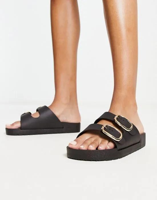 double buckle footbed sandals in black