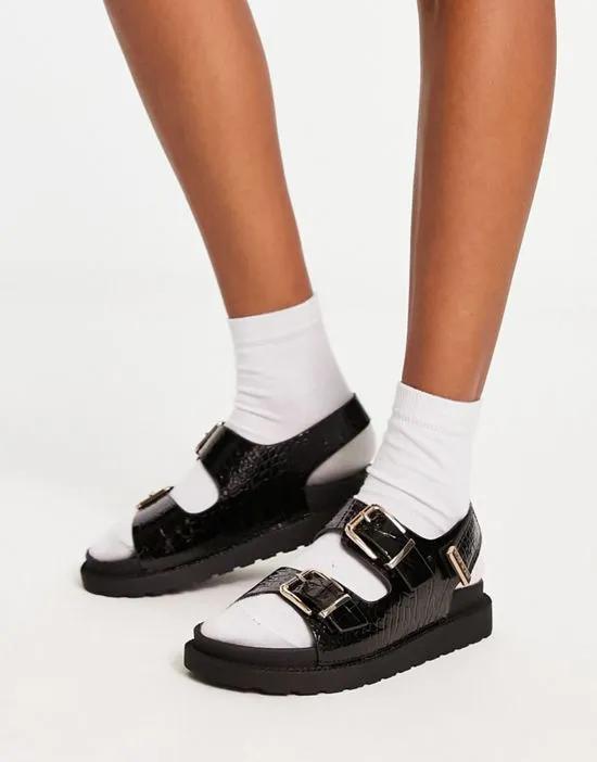 double buckle sling back flat sandals in black