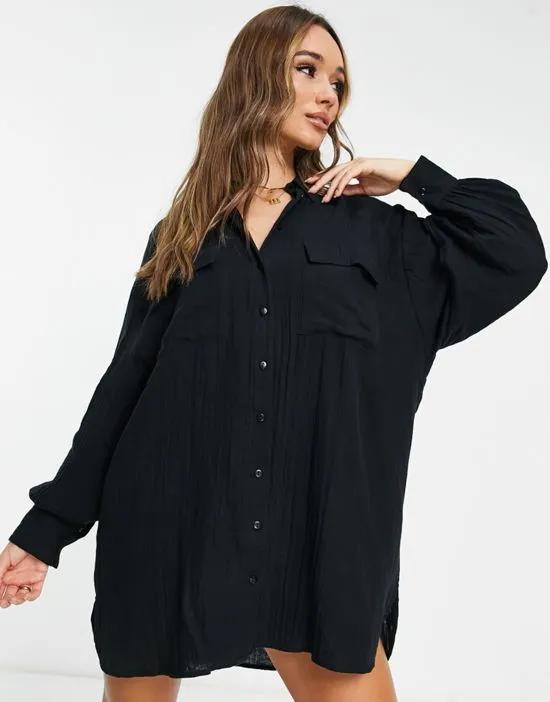 double cloth oversized mini shirt dress in black