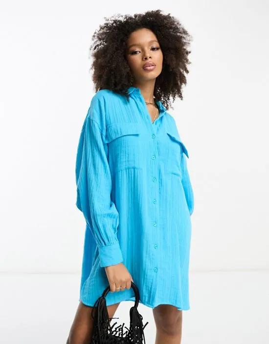 double cloth oversized mini shirt dress in blue