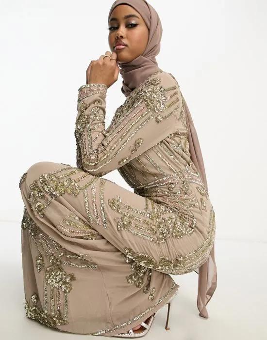 double layer embellished maxi dress with floral embellishment in taupe