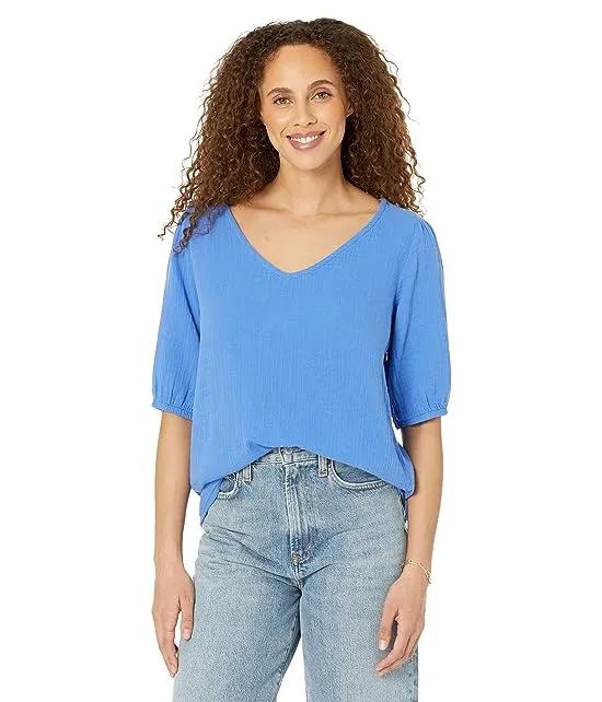Double Layer Gauze 1/2 Puff Sleeve V-Neck Top