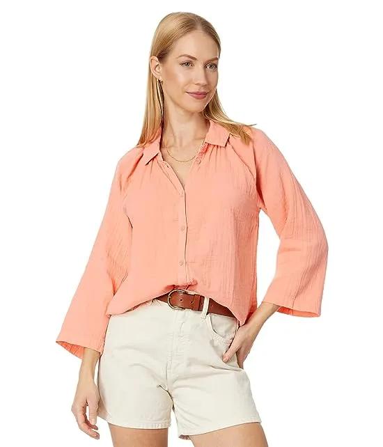Double Layer Gauze 3/4 Sleeve Easy-Fit Button-Up Blouse