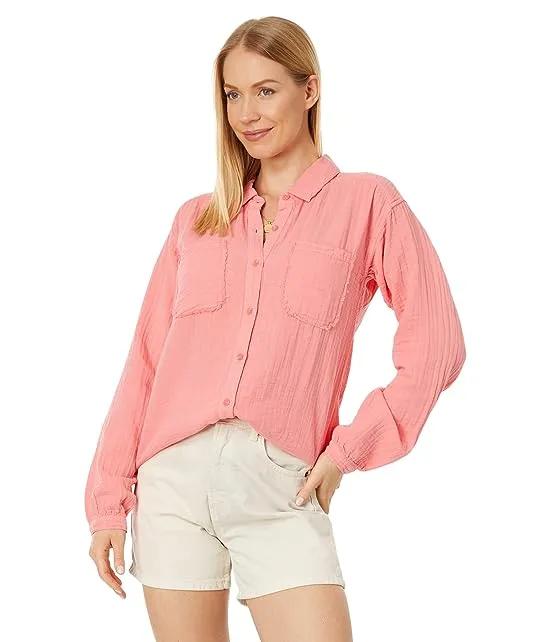 Double Layer Gauze Long Sleeve Flowy Button-Up Shirt