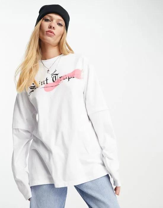 double layer long sleeve top with saint tropez graphic in white