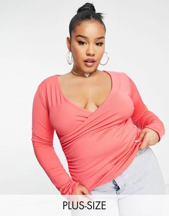 double layer slinky long sleeve crop top in coral