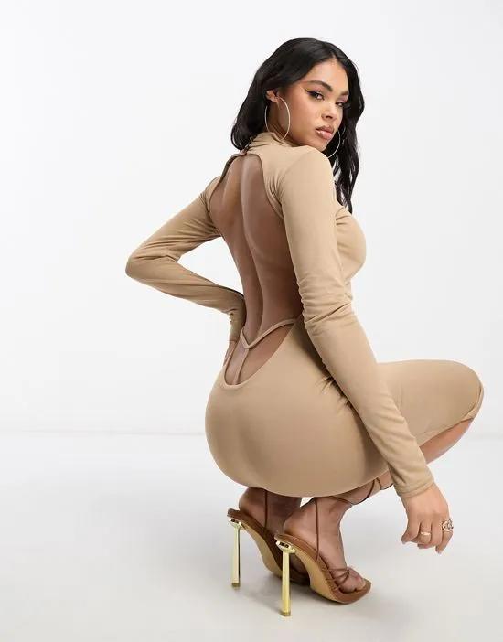 double layered slinky backless thong detail midi dress in chestnut