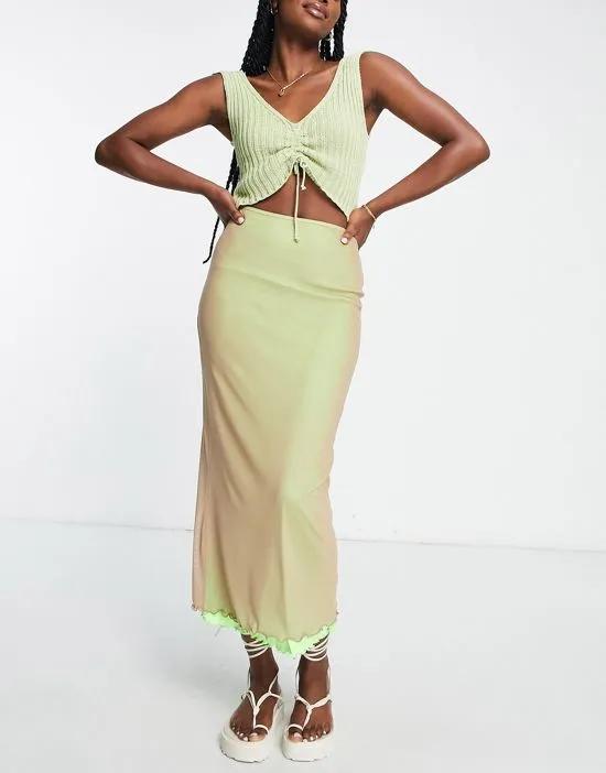 double mesh layer midi skirt with contrast pop lime lining