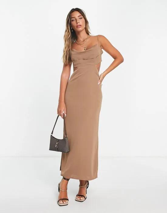 double strap backless cowl neck midaxi dress in mocha