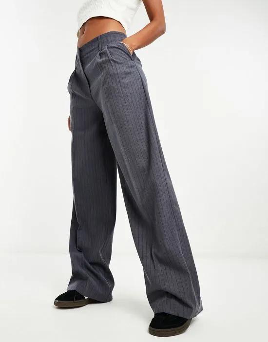 double waistband wide leg tailored pants in gray pinstripe