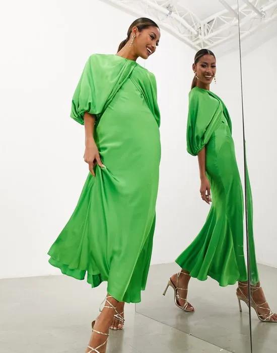 drape blouson sleeve satin midi dress in green