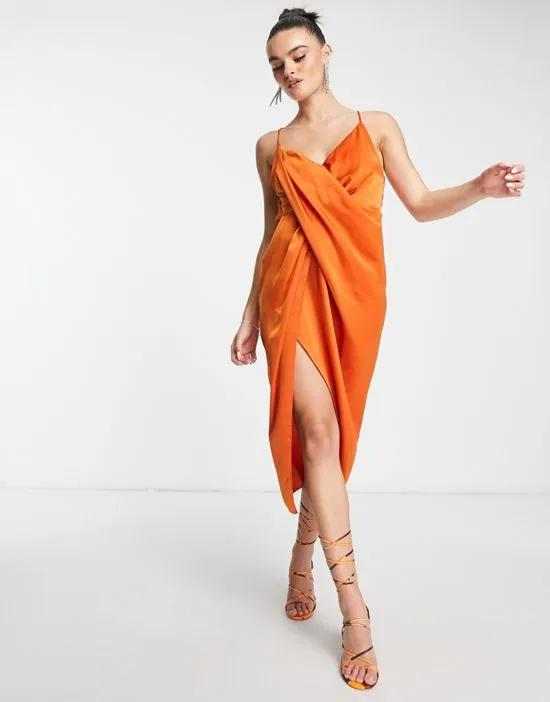 drape detail satin midi dress with strappy back in rust