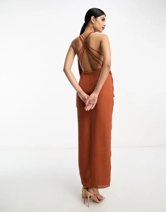 drape plunge maxi dress with front split in rust