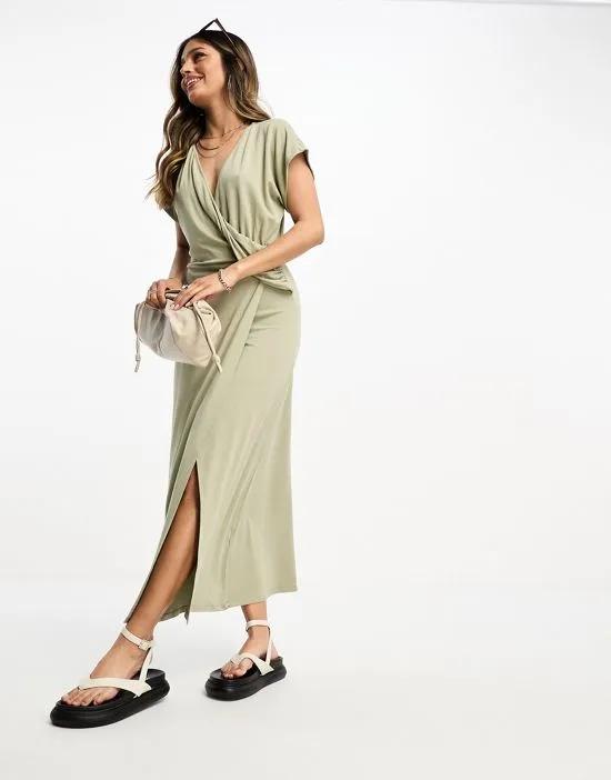 drape wrap front midi tea dress in sage