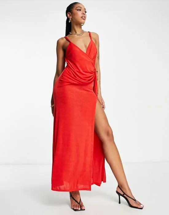 drape wrap maxi dress in red