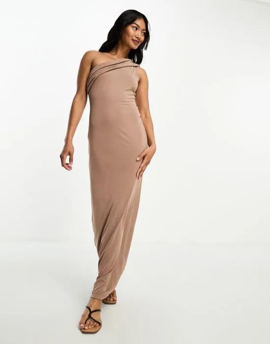 draped one shoulder modal maxi dress in brown
