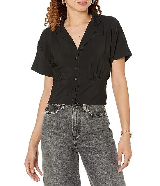 Drapey Banded-Bottom Button-Down Top