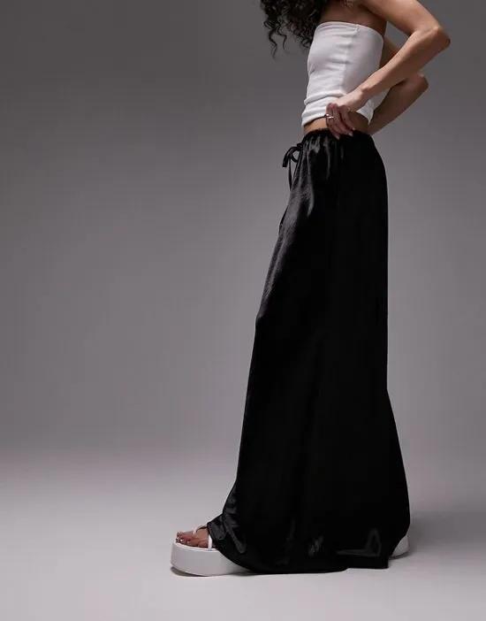 drawstring liquid look maxi bias skirt in black