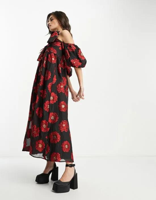 Dream Sister Jane bardot smock midi dress in oversized red floral
