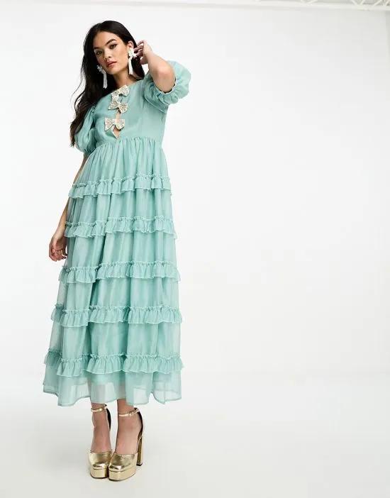 Dream Sister Jane pearl embellished ruffle tiered maxi dress in pistachio