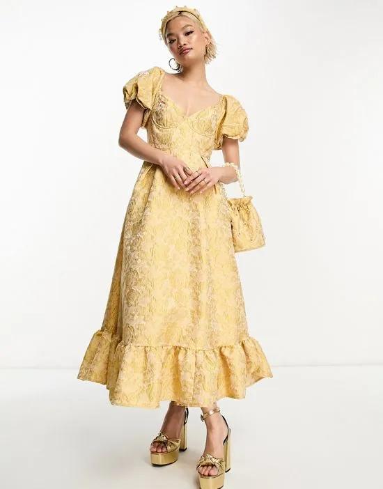 Dream Sister Jane puff sleeve jacquard midaxi dress in yellow - part of a set