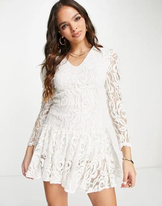 drop hem mini lace dress in white