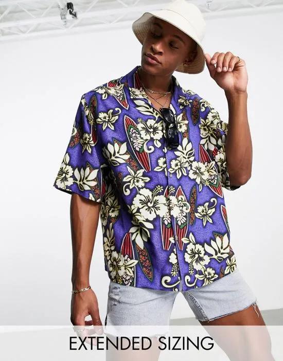 dropped shoulder oversized camp collar shirt in purple hawaiian floral print