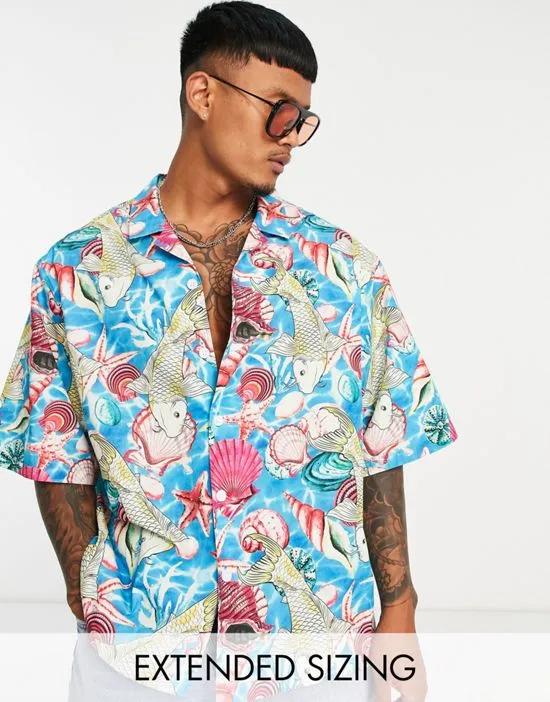 dropped shoulder oversized camp collar shirt in shell print
