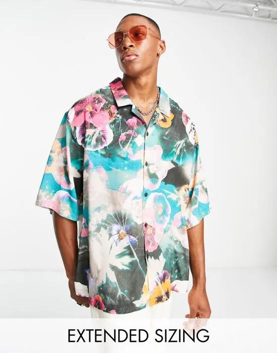 dropped shoulder oversized revere shirt in bright floral print