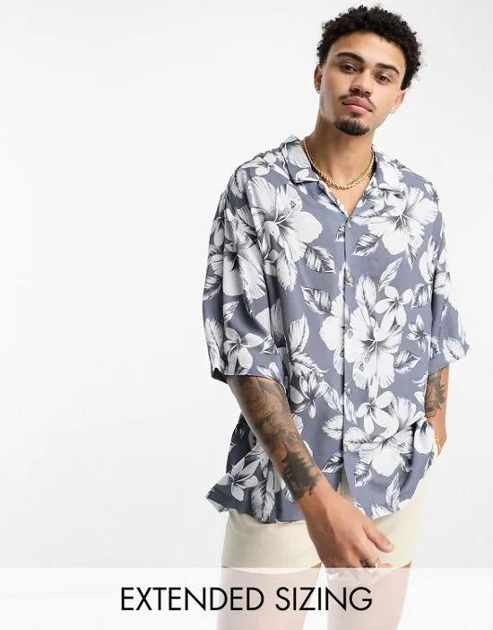 dropped shoulder oversized revere shirt in gray vintage inspired Hawaiian print