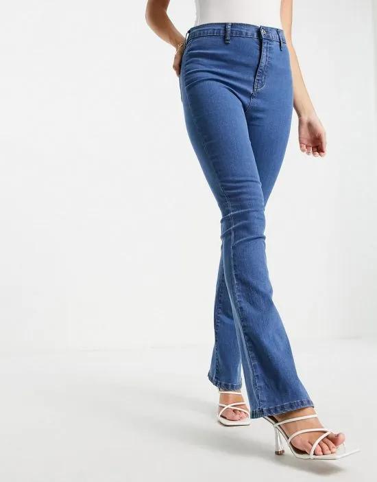 DTT Bianca high rise flare disco jeans in mid blue
