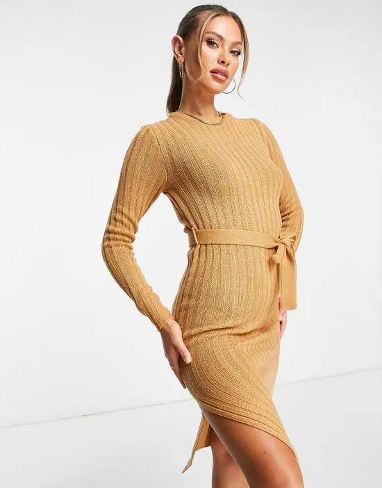 eddie knitted dress with slit in spiced camel
