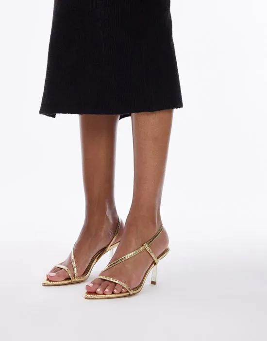 Eden pointed toe mid heel sandal in gold