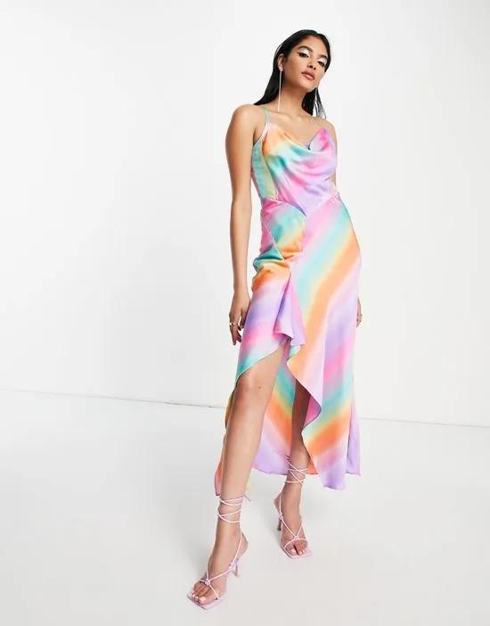 editorial satin slip dress with frill detail in ombre multi